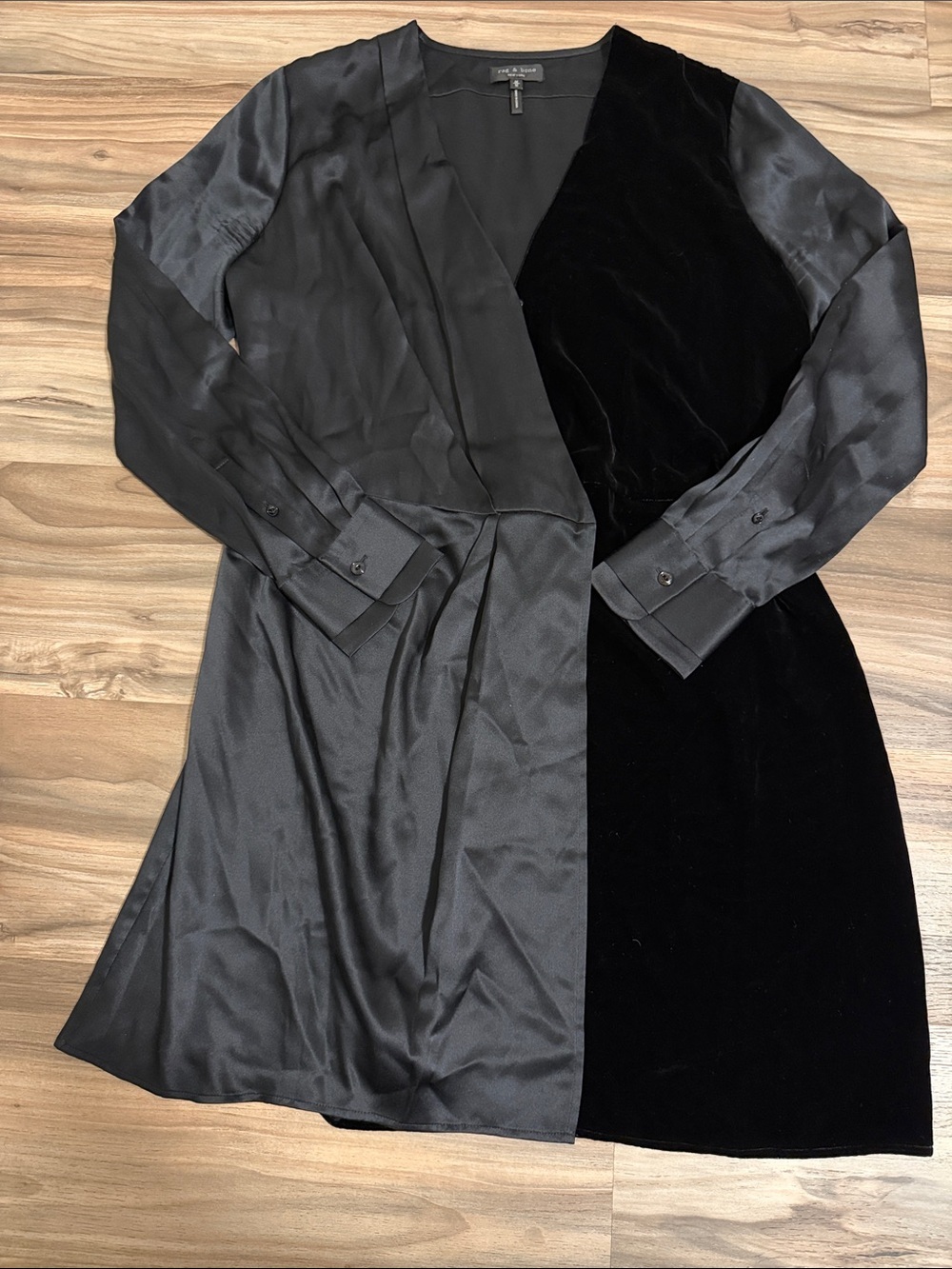 RAG & BONE Black Satin Silk Velvet VICTOR Tuxedo Long Sleeve Wrap Dress M